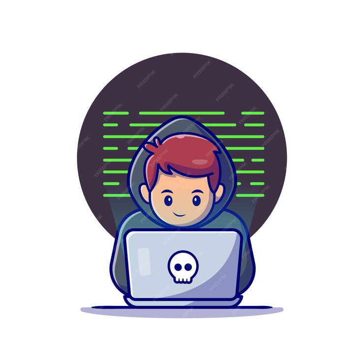 hacker operating laptop cartoon icon illustration technology icon concept isolated flat cartoon style 138676 2387