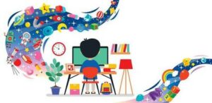 a child sitting at a computer